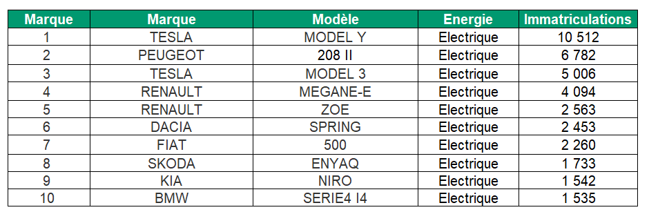Top 10 des véhicules électriques (VP) en entreprise (tous segments) à fin décembre 2023