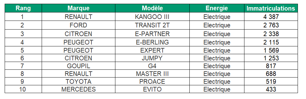 Top 10 des véhicules électriques (VUL) en entreprise (tous segments) à fin décembre 2023