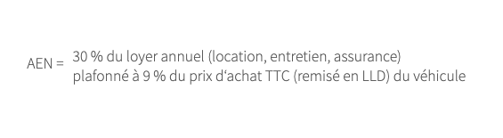 AEN = 30% du loyer annuel (location, entretien, assurance) plafonné à 9% u prix d’achat TTC (remisé en LLD) du véhicule.